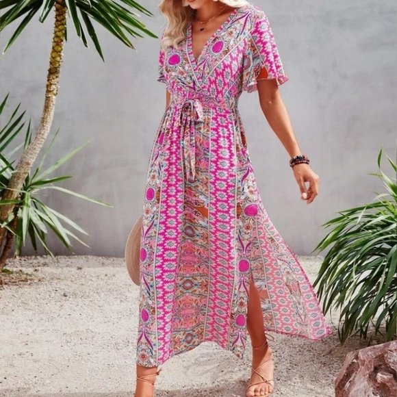 . Dresses & Skirts - Butterfly Sleeve Split Side Belted Dress